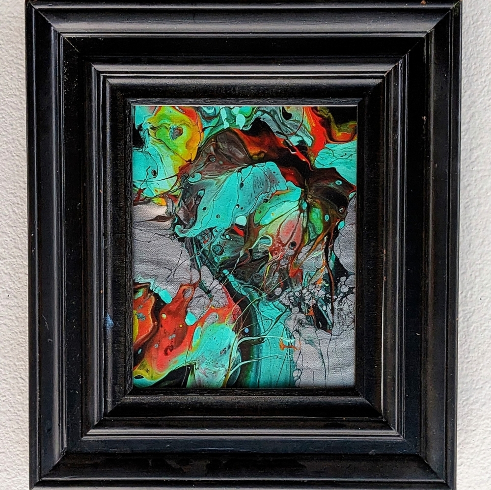 brightly colored acrylics on 9×12 canvas, with black wood frame
